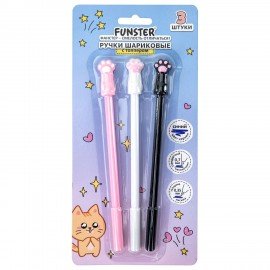 Ручки с топпером шариковые FUNSTER "CAT PAWS", НАБОР 3 ШТУКИ, СИНИЕ, пишущий узел 0,7 мм, линия письма 0,35 мм, 144375