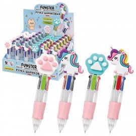 Ручка мини многоцветная с топпером шариковая автоматическая 4 ЦВЕТА FUNSTER "MIX", ассорти, пишущий узел 0,7 мм, линия письма 0,35, 144378