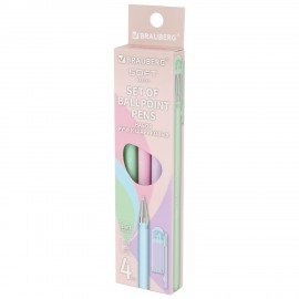 Ручки шариковые BRAUBERG "MARSHMALLOW", НАБОР 4 ШТУКИ, СИНИЕ, SOFT TOUCH покрытие, узел 0,7 мм, линия письма 0,35 мм, 144400