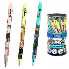Ручка шариковая автоматическая с принтом FUNSTER "CUTE ANIMALS", корпус soft-touch, СИНЯЯ, пишущий узел 0,7 мм, линия письма 0,35 мм, 144402
