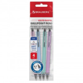 Ручки шариковые автоматические BRAUBERG "VIVID PASTEL", СИНИЕ, НАБОР 4 ШТУКИ, soft-touch, пишущий узел 0,7 мм, линия письма 0,35 мм, 144408