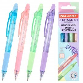 Ручки гелевые стираемые автоматические BRAUBERG "X-ERASE RT PASTEL COLOR", СИНИЕ, НАБОР 4ШТ, пишущий узел 0,7мм, линия письма 0,5 мм, 144426