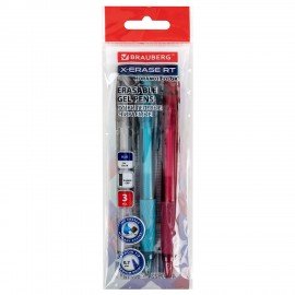 Ручки гелевые стираемые автоматические BRAUBERG "X-ERASE RT MORANDI COLOR", СИНИЕ, НАБОР 3ШТ, пишущий узел 0,7мм, линия письма 0,5мм, 144427