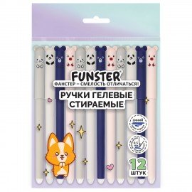 Ручки гелевые стираемые FUNSTER "CUTE ANIMALS", СИНИЕ, НАБОР 12 ШТ., корпус soft-touch, игольчатый узел 0,5 мм, линия письма 0,35 мм, 144435