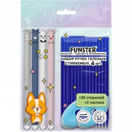 Ручки гелевые стираемые FUNSTER "CUTE ANIMALS", СИНИЕ, НАБОР 4 ШТ., 20 стержней, 2 ластика, игольчатый узел 0,5 мм, линия 0,35 мм, 144436