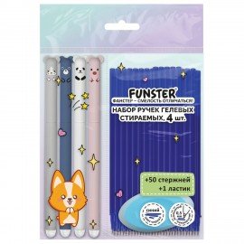 Ручки гелевые стираемые FUNSTER "CUTE ANIMALS", СИНИЕ, НАБОР 4 ШТ., 50 стержней, 1 ластик, игольчатый узел 0,5 мм, линия 0,35 мм, 144437