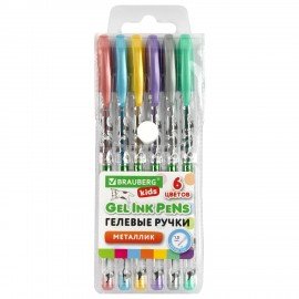 Ручки гелевые МЕТАЛЛИК BRAUBERG KIDS "CUTE ANIMALS", НАБОР 6 ЦВЕТОВ, корпус с печатью, узел 1 мм, линия письма 0,7 мм, 144440