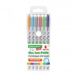 Ручки гелевые МЕТАЛЛИК BRAUBERG KIDS "CUTE ANIMALS", НАБОР 6 ЦВЕТОВ, корпус с печатью, узел 1 мм, линия письма 0,7 мм, 144440