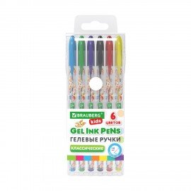 Ручки гелевые КЛАССИЧЕСКИЕ BRAUBERG KIDS "CUTE ANIMALS", НАБОР 6 ЦВЕТОВ, корпус с печатью, узел 1 мм, линия письма 0,7 мм, 144441