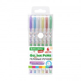 Ручки гелевые С БЛЕСТКАМИ BRAUBERG KIDS "CUTE ANIMALS", НАБОР 6 ЦВЕТОВ, корпус с печатью, узел 1 мм, линия письма 0,7 мм, 144443