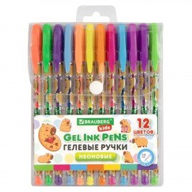 Ручки гелевые НЕОНОВЫЕ BRAUBERG KIDS "CUTE ANIMALS", НАБОР 12 ЦВЕТОВ, корпус с печатью, узел 1 мм, линия письма 0,7 мм, 144444