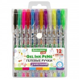 Ручки гелевые С БЛЕСТКАМИ BRAUBERG KIDS "CUTE ANIMALS", НАБОР 12 ЦВЕТОВ, корпус с печатью, узел 1 мм, линия письма 0,7 мм, 144446