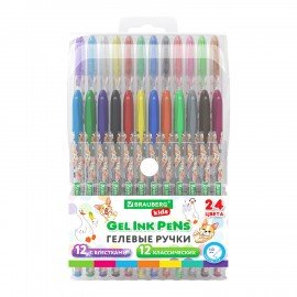 Ручки гелевые BRAUBERG KIDS "CUTE ANIMALS", НАБОР 24 ЦВЕТА, корпус с печатью, узел 1 мм, линия письма 0,7 мм, 144447