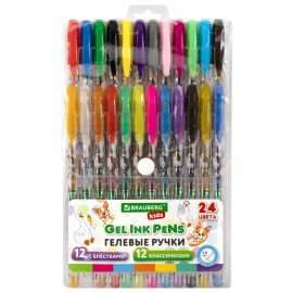 Ручки гелевые BRAUBERG KIDS "CUTE ANIMALS", НАБОР 24 ЦВЕТА, корпус с печатью, узел 1 мм, линия письма 0,7 мм, 144447