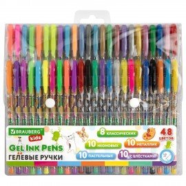 Ручки гелевые BRAUBERG KIDS "CUTE ANIMALS", НАБОР 48 ЦВЕТОВ, корпус с печатью, узел 1 мм, линия письма 0,7 мм, 144449