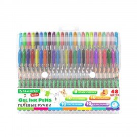 Ручки гелевые BRAUBERG KIDS "CUTE ANIMALS", НАБОР 48 ЦВЕТОВ, корпус с печатью, узел 1 мм, линия письма 0,7 мм, 144449