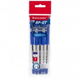Ручки шариковые BRAUBERG "BP-GT", НАБОР 5 ШТУК, СИНИЕ, пишущий узел 0,7 мм, линия письма 0,35мм, 144509