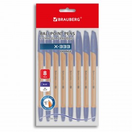 Ручки шариковые BRAUBERG "X-333 ORANGE", НАБОР 8 ШТУК, СИНИЕ, узел 0,7 мм, линия письма 0,35 мм, 144528