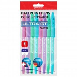 Ручки шариковые с грипом BRAUBERG "ULTRA GT PASTEL", НАБОР 8 ШТУК, СИНИЕ, узел 0,7 мм, линия 0,35 мм, 144532