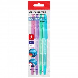 Ручки шариковые с грипом BRAUBERG "ULTRA GT PASTEL", НАБОР 4 ШТУКИ, СИНИЕ, узел 0,7 мм, линия 0,35 мм, 144533