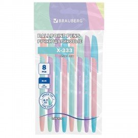 Ручки шариковые BRAUBERG "X-333 PASTEL MIX", НАБОР 8 ШТУК, СИНИЕ, узел 0,7 мм, линия письма 0,35 мм, 144535