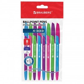 Ручки шариковые BRAUBERG "X-333 NEON MIX", НАБОР 8 ШТУК, СИНИЕ, узел 0,7 мм, линия 0,35 мм, 144536