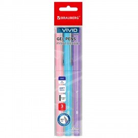 Ручки гелевые с грипом BRAUBERG "VIVID PASTEL", СИНИЕ, НАБОР 3 ШТ, игольчатый узел 0,5 мм, линия письма 0,35 мм, 144540