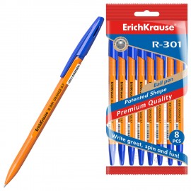 Ручки шариковые ERICH KRAUSE R-301 Stick Orange, СИНИЕ, набор 8 штук, 0,7мм, 56614