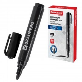 Маркер перманентный BRAUBERG "Classic", ЧЕРНЫЙ, круглый наконечник, 3 мм, с клипом, 150300