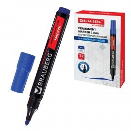 Маркер перманентный BRAUBERG "Contract", СИНИЙ, круглый наконечник, 3 мм, 150466