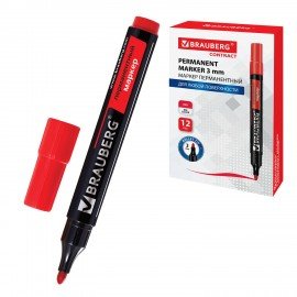 Маркер перманентный BRAUBERG "Contract", КРАСНЫЙ, круглый наконечник, 3 мм, 150467