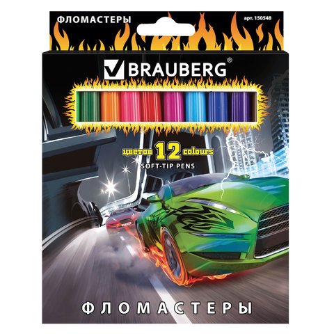 Фломастеры BRAUBERG "InstaRacing", 12 цветов, вентилируемый колпачок, карт. упаковка, выборочный лак, увел. срок службы, 150548
