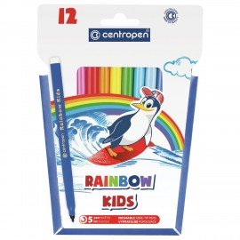 Фломастеры 12 ЦВЕТОВ CENTROPEN "Rainbow Kids", круглые, смываемые, вентилируемый колпачок, 7550/12ET, 775501202