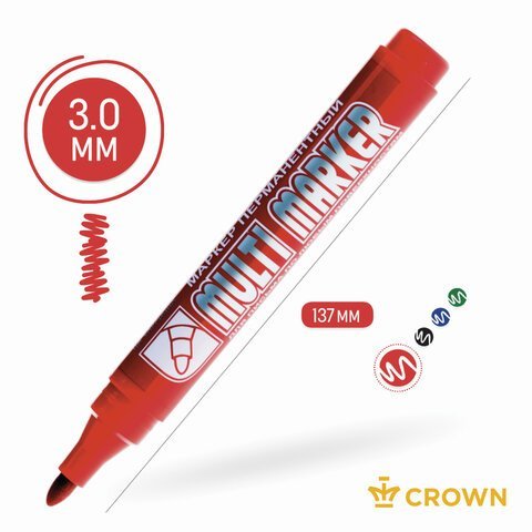 Маркер перманентный CROWN "Multi Marker", КРАСНЫЙ, круглый наконечник, 3 мм, CPM-800