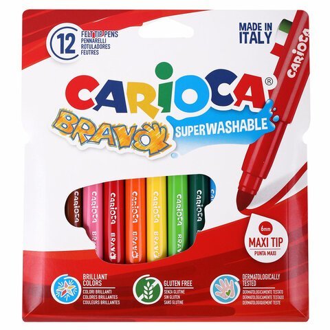 Фломастеры утолщенные CARIOCA (Италия) "Bravo", 12 цветов, суперсмываемые, 42755