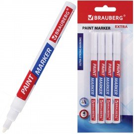 Маркер-краска лаковый EXTRA (paint marker) 2 мм, БЕЛЫЕ, НАБОР 4 шт., УСИЛЕННАЯ НИТРО-ОСНОВА, BRAUBERG, 151995