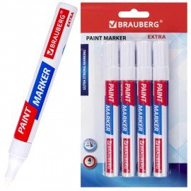 Маркер-краска лаковый EXTRA (paint marker) 4 мм, БЕЛЫЕ, НАБОР 4 шт., УСИЛЕННАЯ НИТРО-ОСНОВА, BRAUBERG, 152000