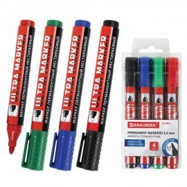 Маркеры перманентные BRAUBERG ULTRA MARKER, НАБОР 4 ЦВЕТА, круглый наконечник 3,5 мм, 152208