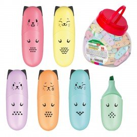 Текстовыделитель мини BRAUBERG KIDS "CUTE CATS PASTEL", АССОРТИ В ПЛАСТИКОВОЙ БАНКЕ, линия 1-5 мм, 152434.