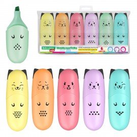 Набор текстовыделителей мини 6 ЦВЕТОВ BRAUBERG KIDS "CUTE CATS PASTEL", линия 1-5 мм, 152436