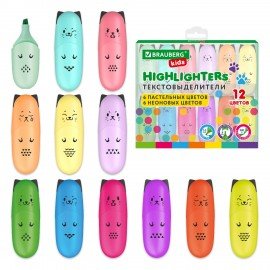 Набор текстовыделителей мини 12 ЦВЕТОВ BRAUBERG KIDS "CUTE CATS", линия 1-5 мм, 152437