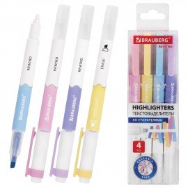 Набор текстовыделителей СТИРАЕМЫХ 4 ЦВЕТА, BRAUBERG "REWIND", двусторонние со стирателем, линия письма 1-4 мм, 152510