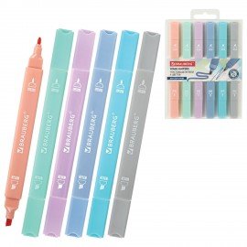 Набор текстовыделителей двусторонних 6 ПАСТЕЛЬНЫХ ЦВЕТОВ, BRAUBERG "Macaroon", линия 1-5 мм, 152513