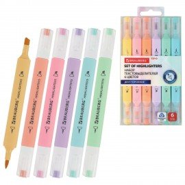 Набор текстовыделителей двусторонних (скошенный/кисть) 6 ПАСТЕЛЬНЫХ ЦВЕТОВ, АССОРТИ, BRAUBERG TIP-D, трехгранный корпус, 152533