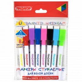 Маркеры стираемые 2 мм на магните со стирателем для белой доски НАБОР 8 ЦВЕТОВ, ПИФАГОР, 152562