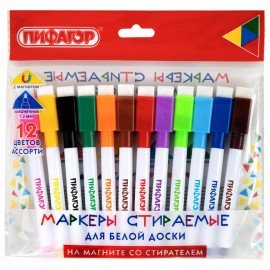 Маркеры стираемые 2 мм на магните со стирателем для белой доски НАБОР 12 ЦВЕТОВ, ПИФАГОР, 152564