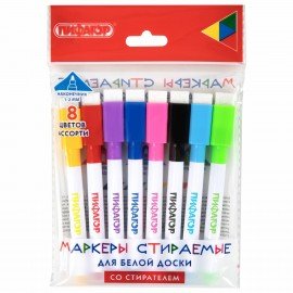 Маркеры стираемые 2 мм для белой доски и планера со стирателем НАБОР 8 ЦВЕТОВ, ПИФАГОР, 152566