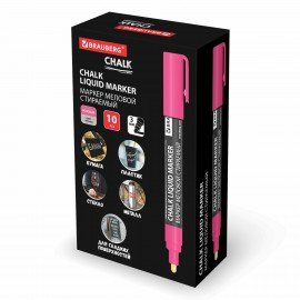 Маркер меловой CHALK LIQUID MARKER, РОЗОВЫЙ, 3 мм, стираемый, BRAUBERG "CHALK", 152586