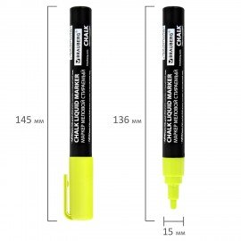 Маркер меловой CHALK LIQUID MARKER, ЖЕЛТЫЙ, 3 мм, стираемый, BRAUBERG "CHALK", 152590