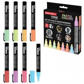 Маркеры меловые CHALK LIQUID MARKER, ПАСТЕЛЬ НАБОР 8 ЦВ, 3 мм, стираемые, BRAUBERG "CHALK", 152598